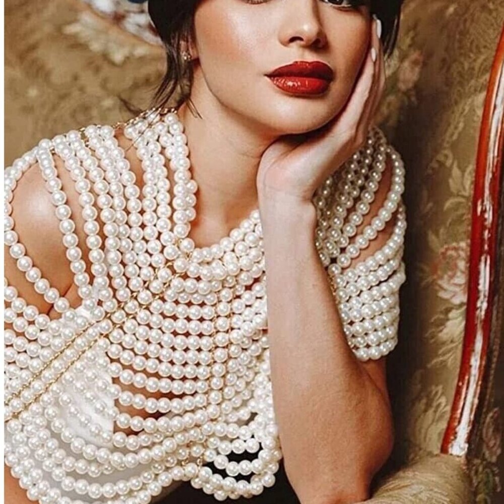 Jewelry Accessory Layered Ivory Gold Synthetic Big Pearls Necklaces Body Chains - Picture 9 of 16